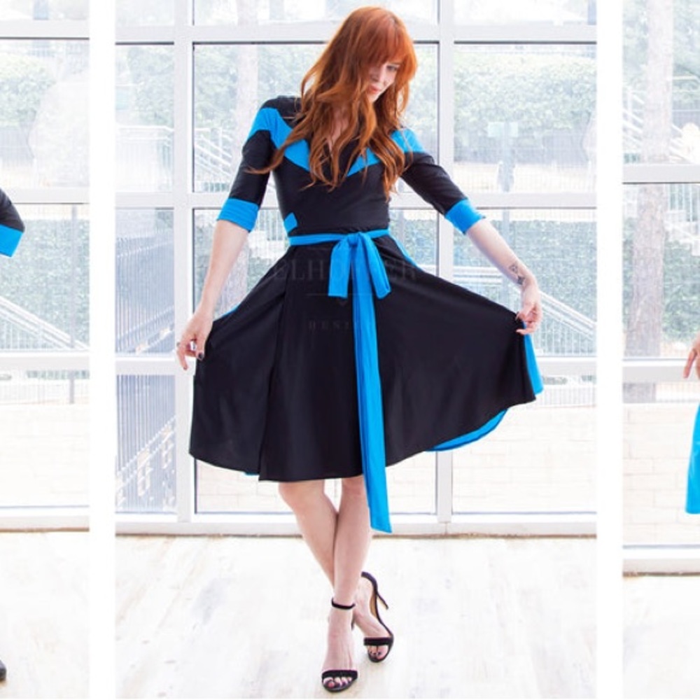 SOLD One of a kind blue & black Ponte wrap dress